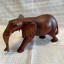 Large 37cm Solid Wood Hand-Crafted Brown Elephant Trunk Down Figurine/Statue