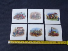 Set of 6 S & R Johnson Cristal Series Ceramic Tiles Vintage Steam Engine Designs