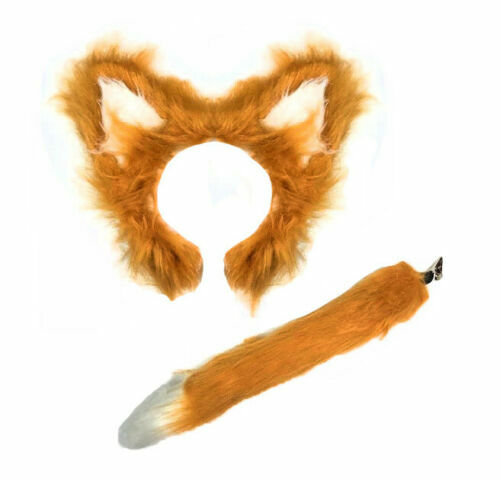 Brown fluffy fox ears and - brown, tail