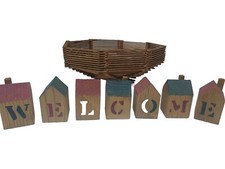 Wooden Blocks Sign “Welcome” Home Decor & Bowl Handmade, Vintage, Folk Farmhouse