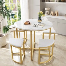 Dining Table and Chairs Set of 4 Space-Saving Round Kitchen Table w/ Marble Look
