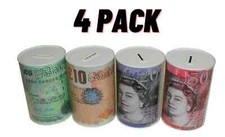 4 Pack Pound Note Design Piggy Bank Kids Money Change Savings Box Tin Toys