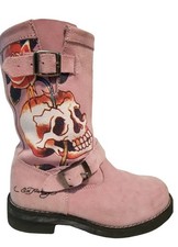 Vintage Ed Hardy Pink Suede Motorcycle Engineer Boots Skull Tattoo Rare 3.5 UK