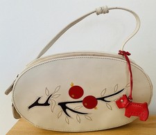Radley Red Berries- Cream Leather Vintage Small Oval Single Strap Handbag 