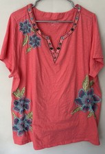 Soft Surroundings Floral Sun Kissed Coral Short Sleeve Top Pink 2X Embroidered