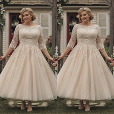 Tea Length Wedding Dresses Lace up Elegant Champagne Tulle Short Bridal Gowns