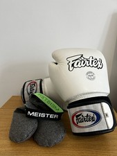 Free Glove Inserts & Fairtex BGV1 White Muay Thai Gloves White Leather 16 oz.