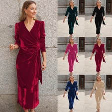 Ladies Velvet Party Cocktail Puff Sleeve Wrap Tie V Neck Long Dress Christmas UK