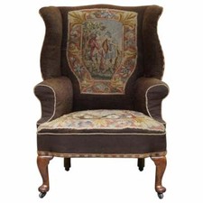 ORIGINAL CIRCA 1840 ANTIQUE VICTORIAN WINGBACK ARMCHAIR EMBROIDERED UPHOLSTERY
