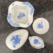 Herend Hungary Herend Apponyi Blue lidded Egg, Basket , 2 Trinket Plates VGC
