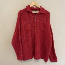 Aran Crafts Ireland 100% Merino Wool Red Cardigan Cable Knit Sweater XL