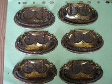 SET OF 6 ANTIQUE  ART NOUVEAU DRAWER HANDLES HIGHLIGHTED IN BRASS PLATE