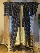 Ladies Long Japanese Vintage Kimono Silk One Size Lined Navy Blue Patterned
