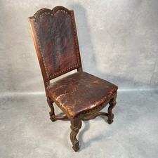 Antique Victorian Renaissance Revival Oak Hall Chair c.1880s Tooled Leather Seat