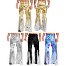 UK Mens Metallic 70s Vintage Disco Flared Pants Bell Bottom Trouser Dude Costume