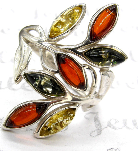 Silver amber leaf ring - silver,