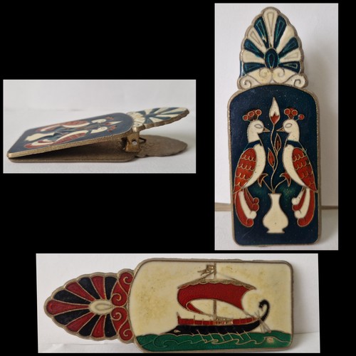 Vtg greek enamel brass double - enamel,
