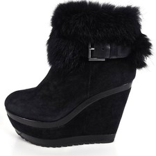 STUNNING WOMENS ASH RABBIT LEATHER SUEDE PLATFORM WEDGE ANKLE BOOT BLACK 3 36