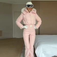 Women Pink Ski Suit Warm Padded One Piece Snow Jumpsuit Hooded Winter Romper UK