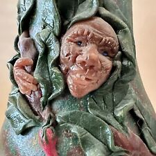 Whimsical Clay Chiminea Handmade 10" Green Chimney w/ Applied Woodland Pixie Art