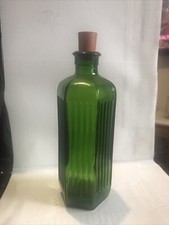 2x SUPERB SMALL GREEN GLASS POISON BOTTLES EMBOSSED WITH RIBS PLUS 1 STOPPER