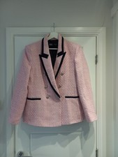 Zara Rose Pink Black Boucle Double-Breasted Blazer Jacket Size XL Fit 14 UK