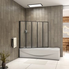 Bathroom Matt Black Frameless 1200x1400mm 5 Folding Shower Bath Screen Over Bath