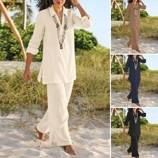 Summer Ladies Cotton Linen Suit Shirt Loose Long Pants Long Sleeve Casual Suit