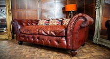TETRAD ELLIOT ANTIQUE CHESTNUT LEATHER CHESTERFIELD 3 SEATER SOFA ONE of a PAIR