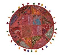 Indian Recycled Fabric Patchwork Round Cushion Cover 30" Red with Tassels