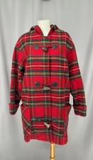 Vintage Eddie Bauer Coat Womens Medium Red Plaid Hooded Duffle Toggle Wool 90s