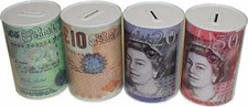 Pack of 4 Money Tin Boxes Tinplate, Multi-Colour, Notes Design Metal Saving Tin