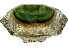 Murano Sommerso Textured Glass Polygon Bowl Green Amber Abstract Art  🔥