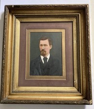 Antique Watercolour Painting Male Portrait Gilt Frame Manchester Label