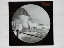 Storm Waves Crashing Cliffs Shore Glass Magic Lantern Slide 