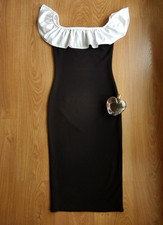 H&M Black & White Ruffle Off-Shoulder Bodycon Midi Cocktail Dress, Petite XS/36