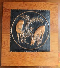 Vintage Hammered Patina Copper on Wood Wall Art Signed Deer Scene Rustic Decor