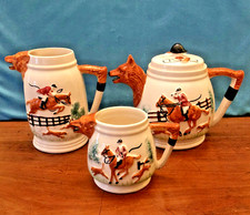 VINTAGE PORTLAND POTTERY HUNTING SCENE TEAPOT, LARGE AND SMALL JUGS