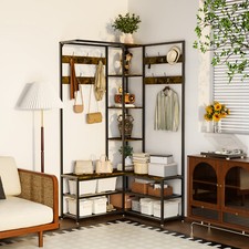 Hall Tree Hat and Coat Stand Entryway Hallway Shoe Rack Bench with Shelves Hooks