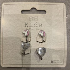 New F&F Kids 2 Pairs Of Clip On Earrings Unicorns And Hearts