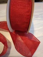 Wide Ribbon 2.5 inch Red Glitter Stripes Translucent Christmas Wired Festive