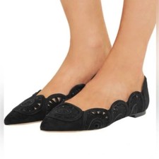 Tory Burch Black Suede Leather Leyla Flats Pointed Toe Laser Cut Size 8M