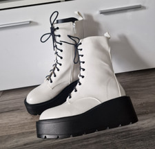 Womens White Black Platform Combat Boots Chunky Sole Lace-Up Grunge Street Style