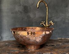 Round Engraved Vessel Sink for Bathroom ,Handcrafted Hammered Copper Basin.
