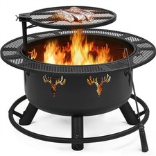 Round Wood Burning Fire Pit for Outdoor W/ Poker & Swivel Cooking Grate Black