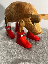 Pig in Hunter Wellies -carved wood - height 20cm - width 26cm - Red Wellies