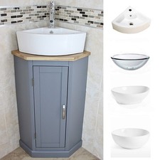 Bathroom sink unit vanity cabinet grey corner unit with basin tap and plug
