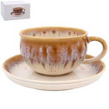 Reactive Glaze Cup and Saucer Set Ceramic Coffee Caramel Tea Cup Vintage Style
