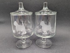 Set of 2 West Highland Terrier Westie Etched Glass Covered Candy Dishes 6" Tall