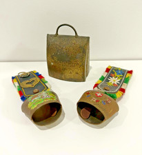 VINTAGE SWISS Cow Bell Set of 3 Alpine GRINDELWALD Edelweiss Leather Souvenir Be